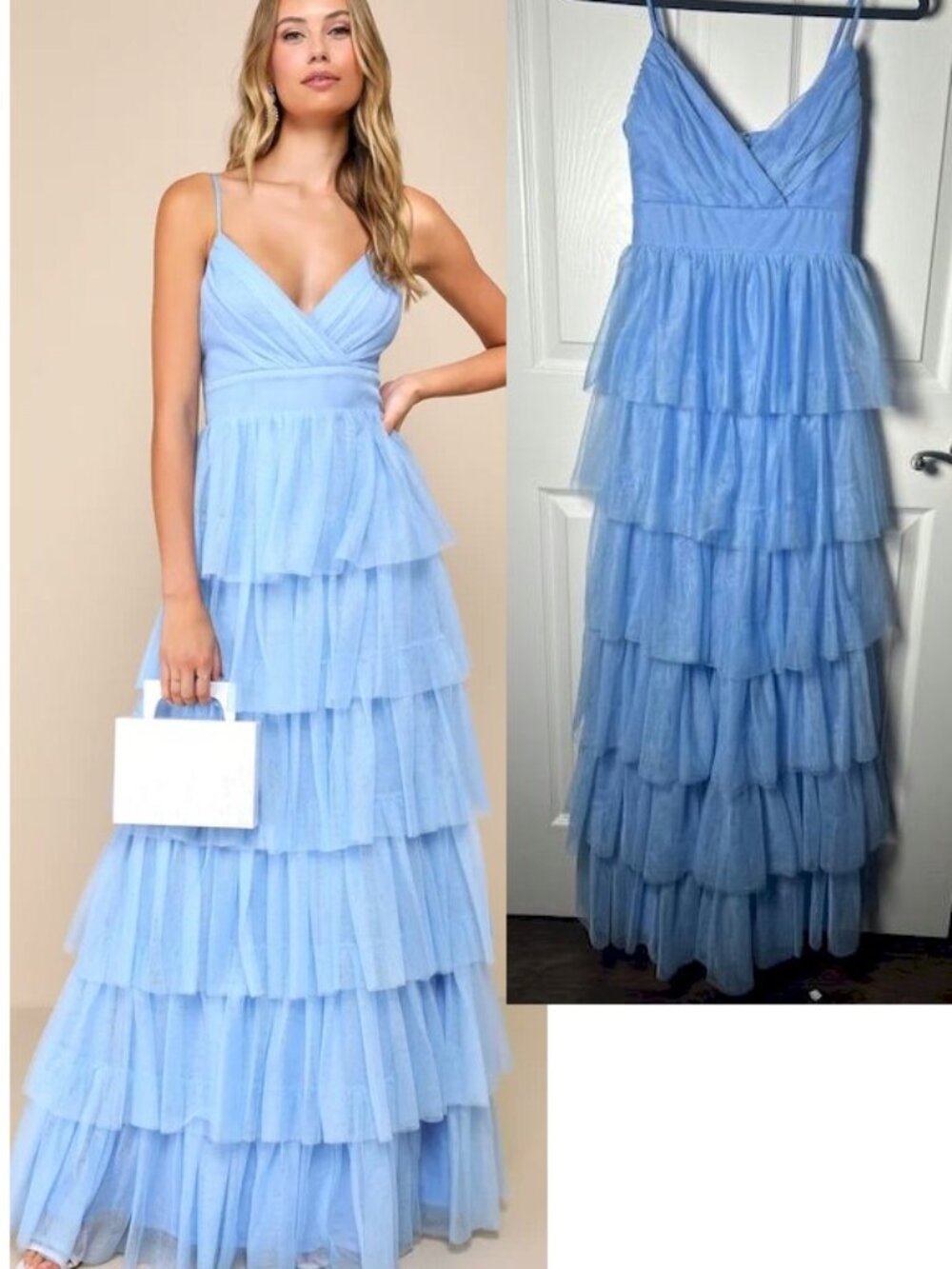 Lulus Light Blue Rule the Runway Tulle Surplice Tiered Maxi Dress Size XS